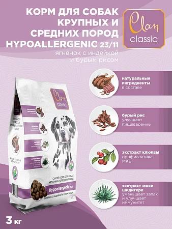 Сухой корм CLAN Classic Hypoallergenic 23/11для собак крупных и средних пород гипоаллергенный, ягненок и индейка с бурым рисом