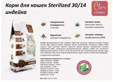 Корм для кошек сухой для стерилизованных CLAN Classic Sterilized 30/14, индейка