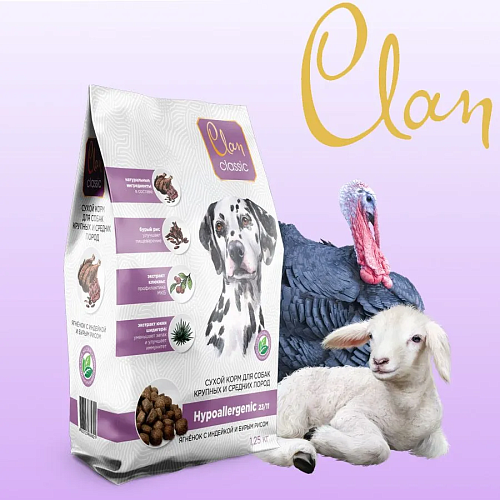 Сухой корм CLAN Classic Hypoallergenic 23/11для собак крупных и средних пород гипоаллергенный, ягненок и индейка с бурым рисом