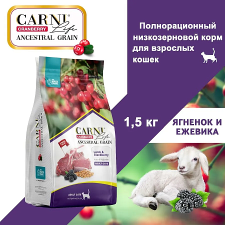 Сухой корм для взрослых кошек CARNI Life Adult, с ягненком, ежевикой и клюквой