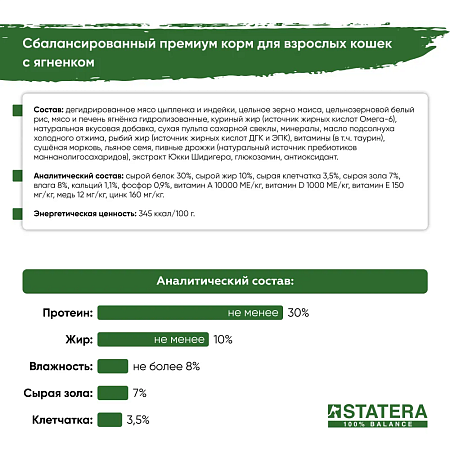 Сбалансированный корм для взрослых кошек с ягненком Statera