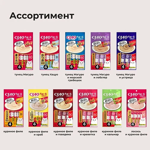 INABA CIAO CHURU Лакомство-пюре  для взрослых кошек куриное филе и кальмар 14 г х 4 шт