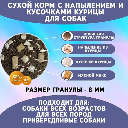 Сухой корм с напылением и кусочками курицы для собак,8 кг