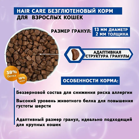 Сухой беззерновой полнорационный корм для взрослых кошек HAIR CARE 7,7кг